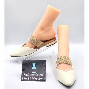 Birdies Women Cream Leather The Swan Cuff Pointed Toe Strap Mule Flats Sz 6 2404